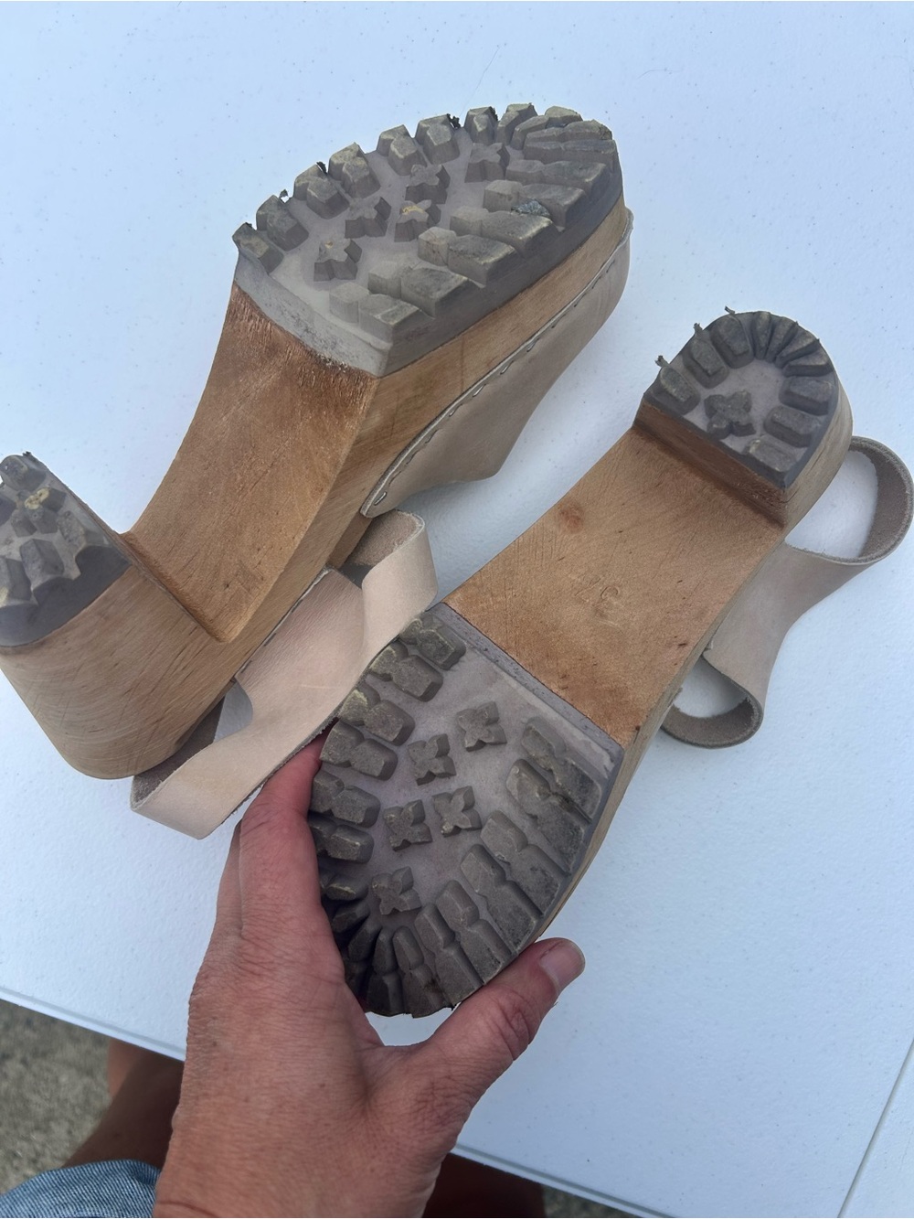 MIA Beige Leather Clog Heels with Wood Platform and Buckle - Picture 8 of 10